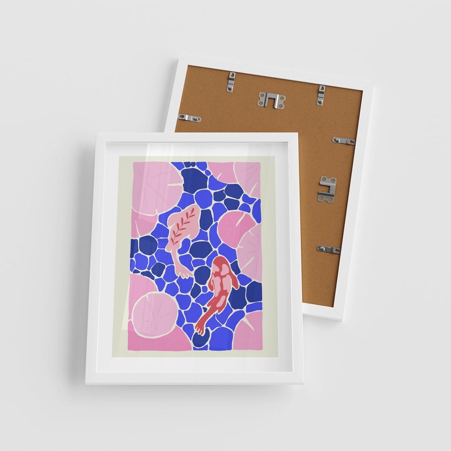 Plakat w ramie 40x50 - Rzeka Abstrakcji - abstrakcyjna kompozycja, różowe ryby wśród rafy - rama biała