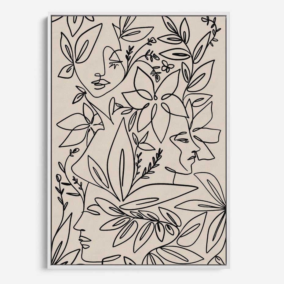Obraz w ramie 70x100 - Kobiecy Portret Duszy - beżowe tło, czarny szkic nowoczesnych kwiatów - rama biała