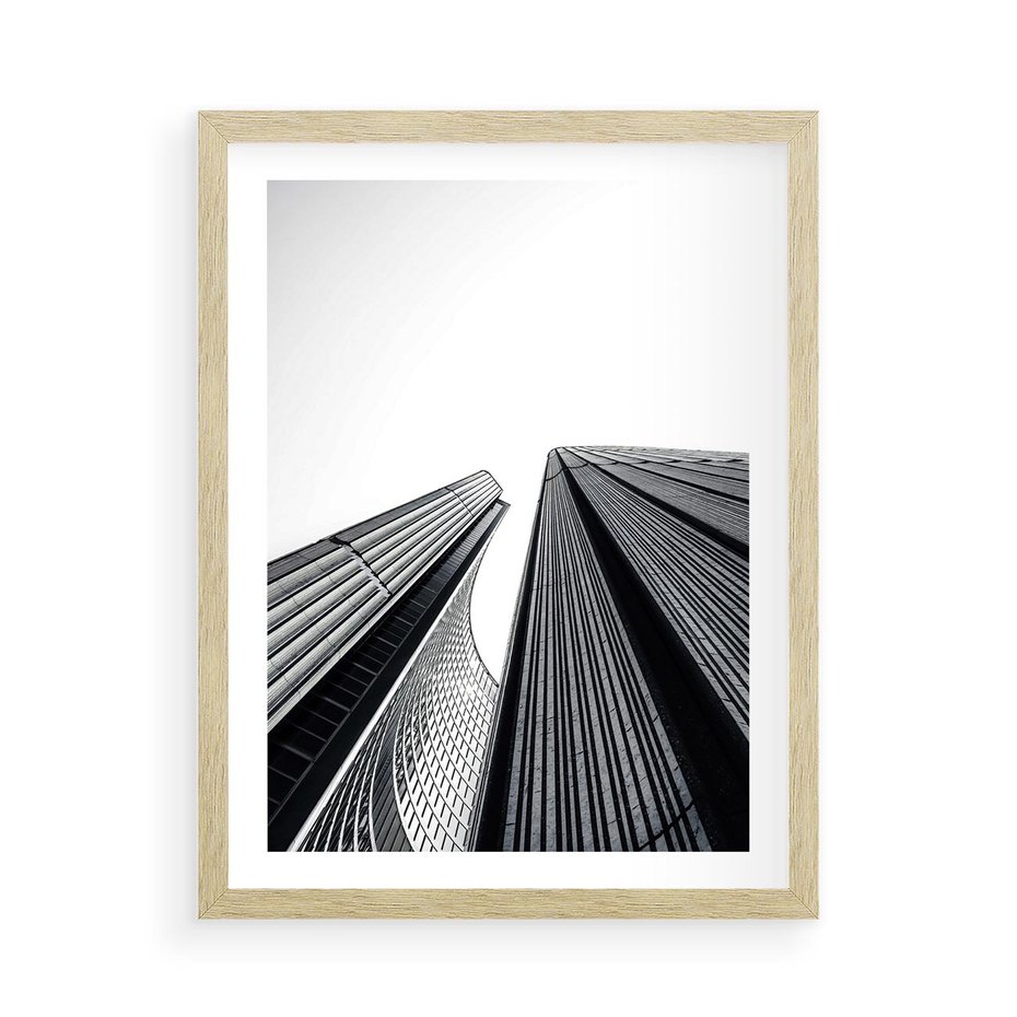 Plakat w ramie 50x70 - Monochromatyczna Wizja - architektura, wysoki wieżowiec - rama drewno