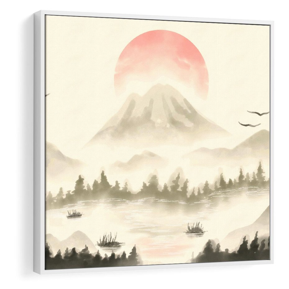 Obraz w ramie 50x50 - Przyroda Japonii - japońska akwarela, góry - rama biała