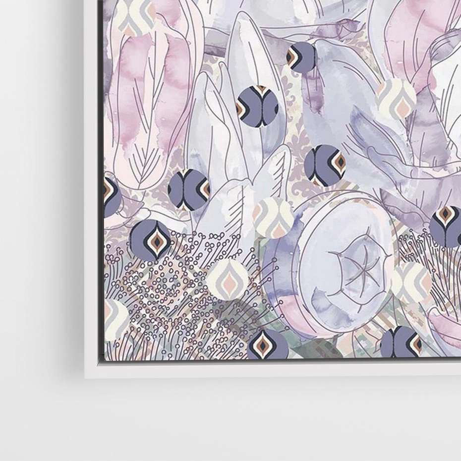 Obraz w ramie 120x80 - Malowane oddechy istnienia - pomieszane tekstury, kwiatowe elementy - rama biała