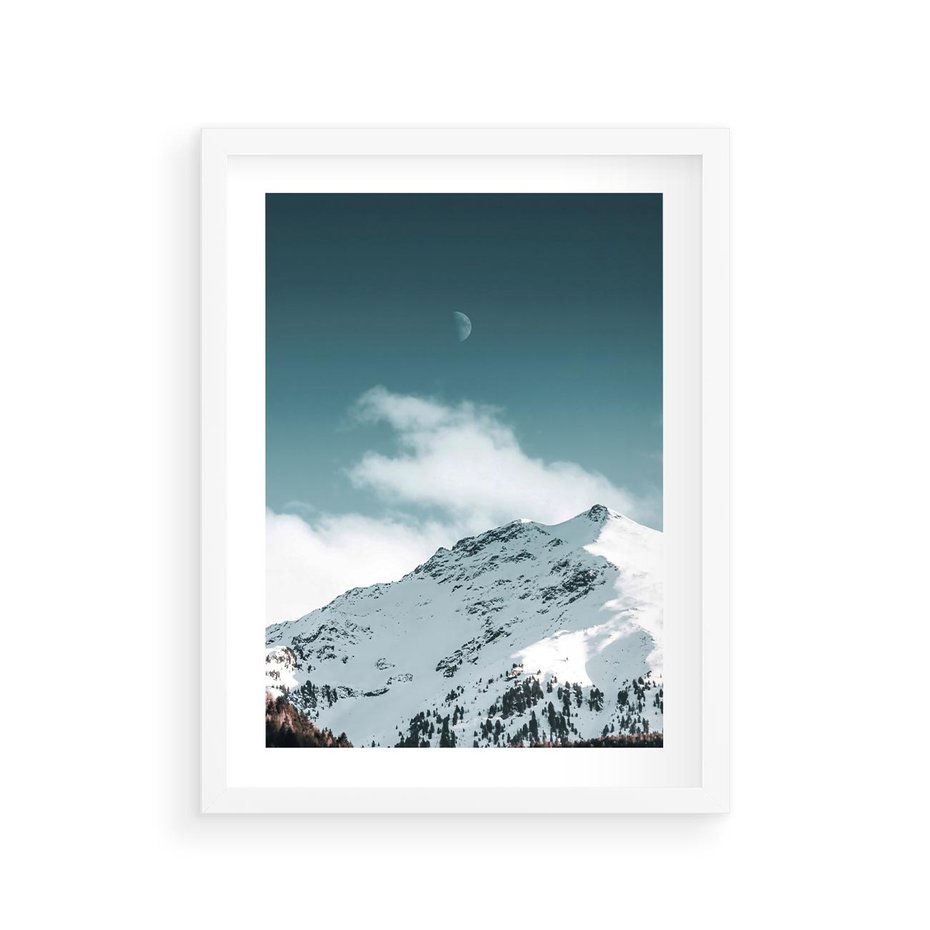 Plakat w ramie 30x40 - Nocna Magia w Górach - fotografia, śnieg - rama biała