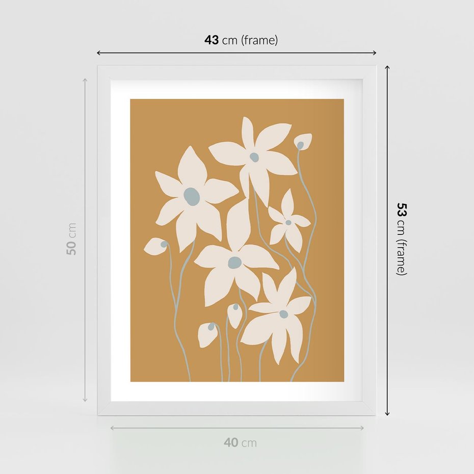 Plakat w ramie 40x50 - Kwiatowy Spektakl - minimalistyczne kwiaty, na pomarańczowym tle - rama biała