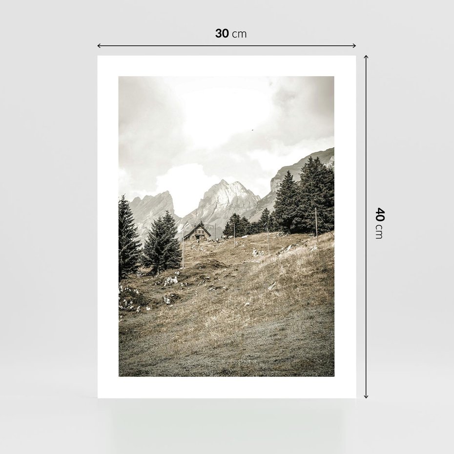 Plakat bez ramy 30x40 - Krajobraz Sepii: Domek w Górach - domek w górach, góry