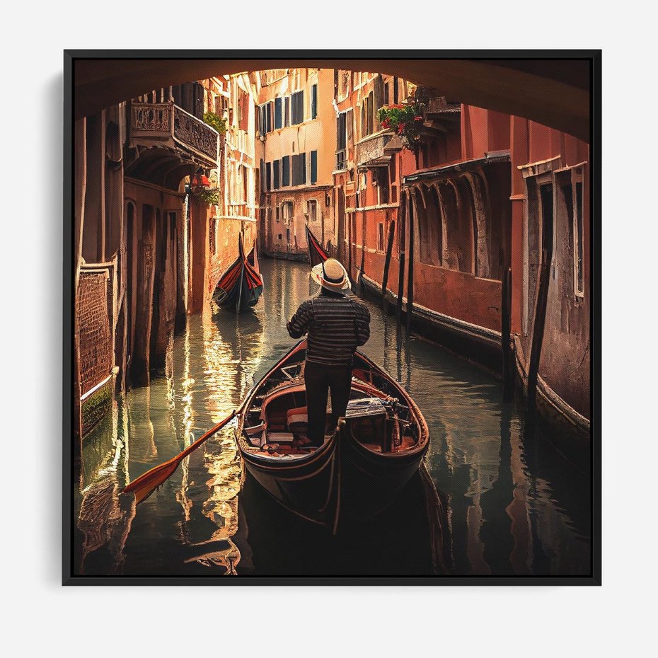 Obraz w ramie 50x50 - Spokojna Wenecja - gondolier w gondoli, kanały Wenecji - rama czarna