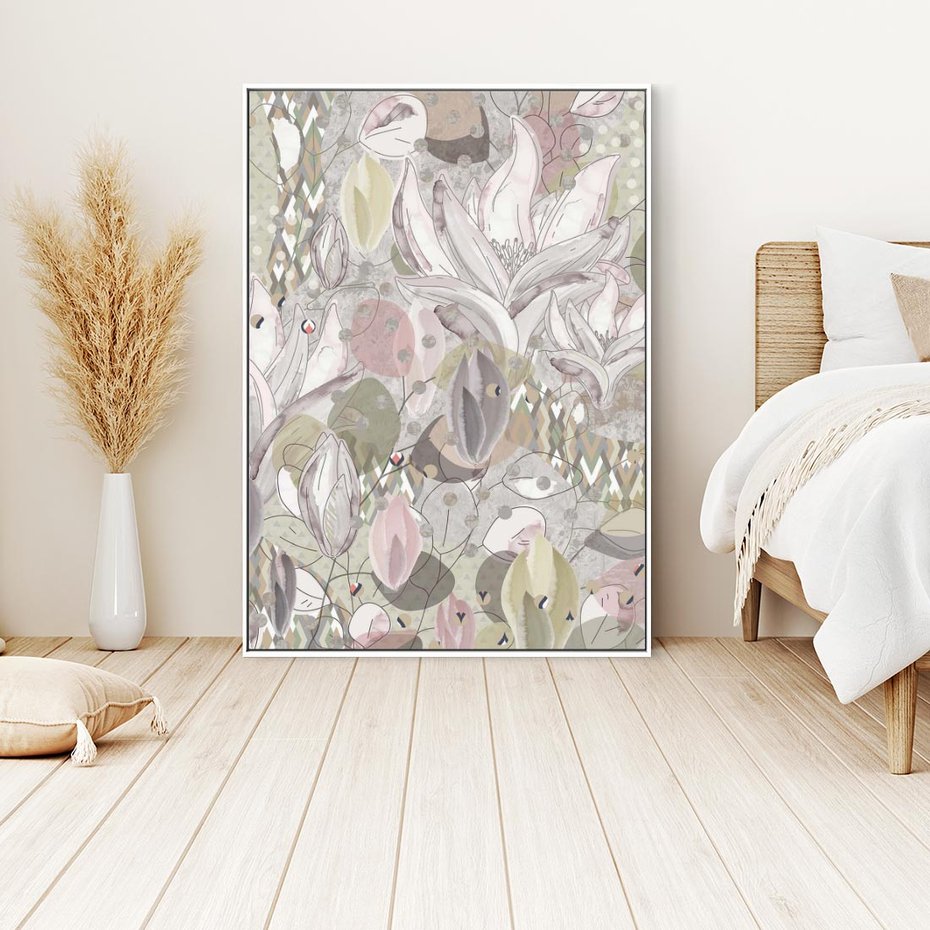 Obraz w ramie 80x120 - Pejzaże zatajonej duszy - połączenie tekstur, roślinne motywy - rama biała