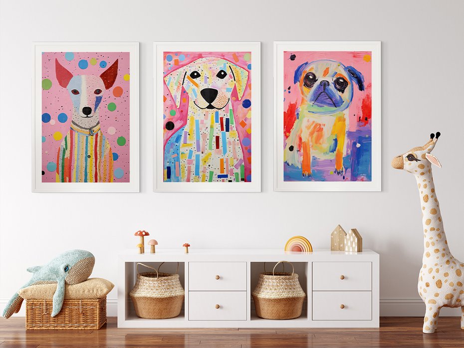 Zestaw obrazy w ramie 40x50 galeria - dla, dzieci, pieski, akwarela - rama biała