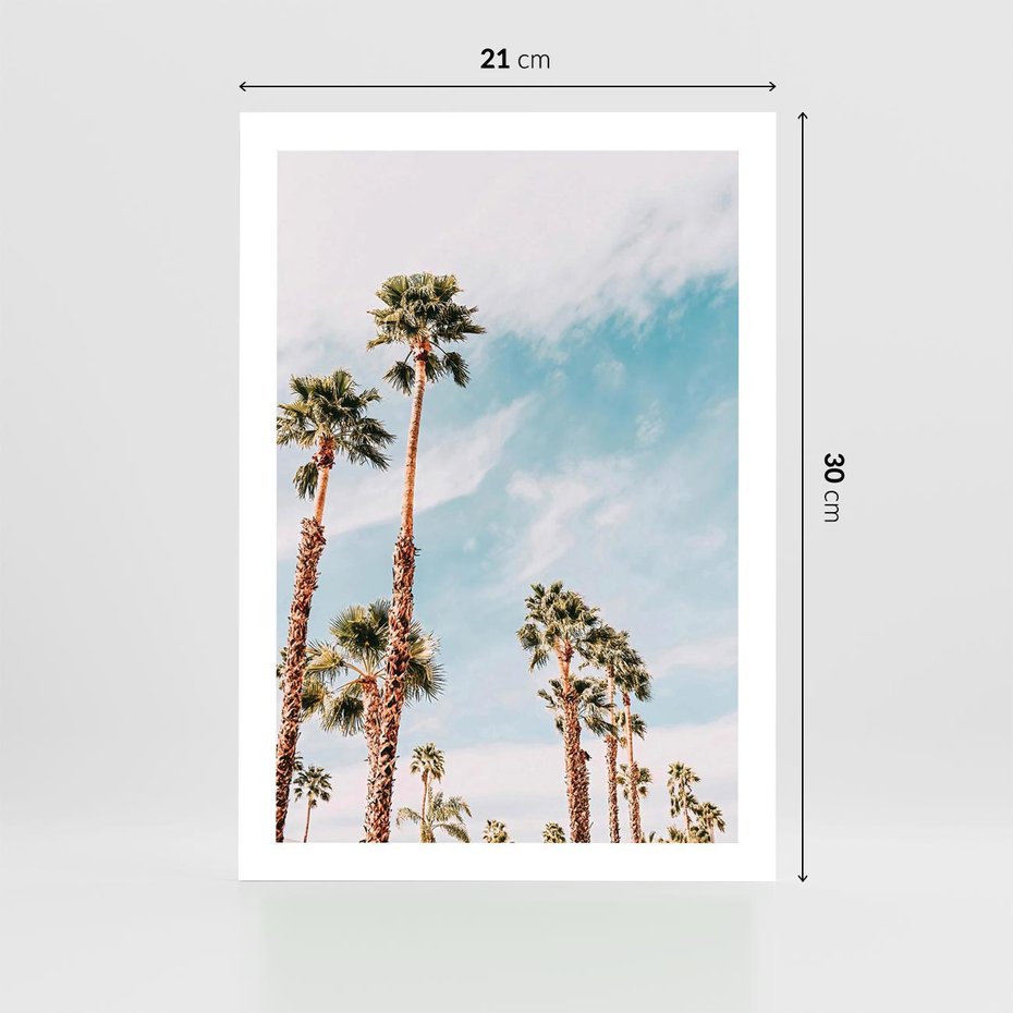 Plakat bez ramy 21x30 - Tropikalna Sielskość: Palmy i Błękitne Niebo - palmy na tle błękitnego nieba