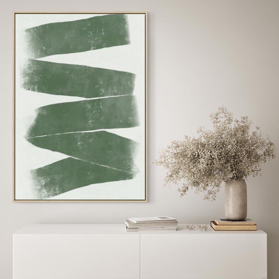 Obraz w ramie 80x120 - Zielone Refleksje - abstrakcja, zgaszony zielony kolor - rama drewno