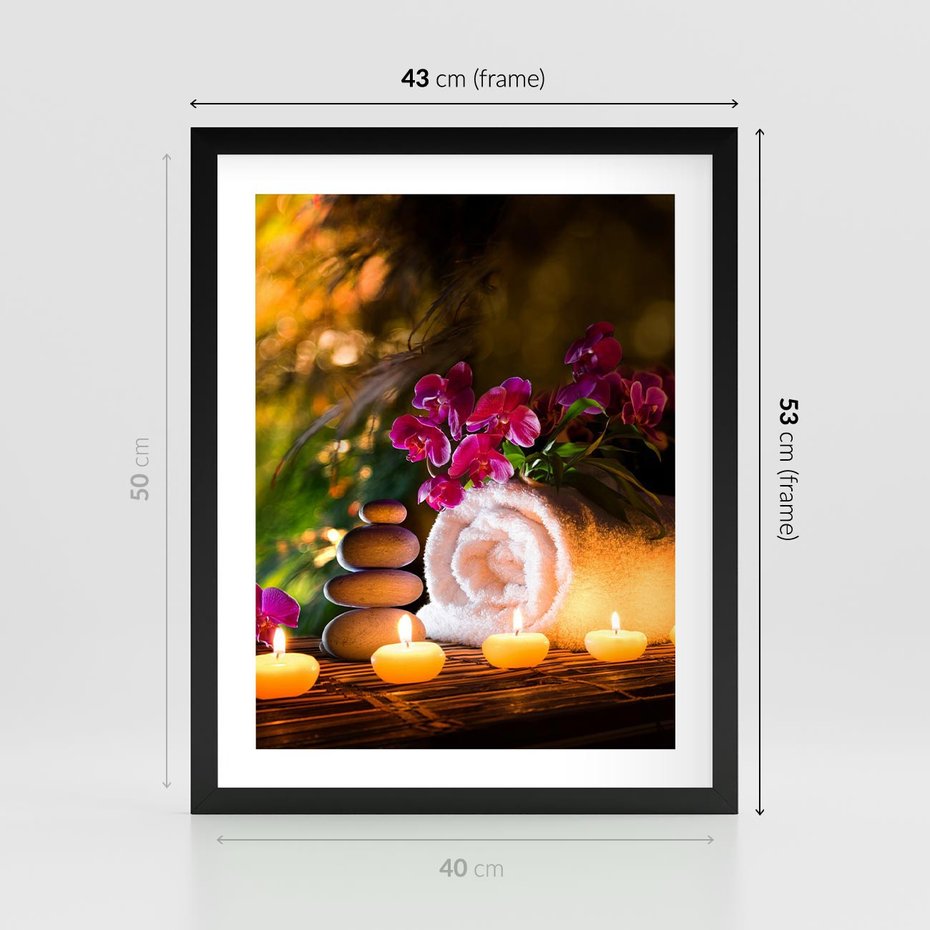 Plakat w ramie 40x50 - Relaksujące spa z płonącymi świecami - spa, świece - rama czarna