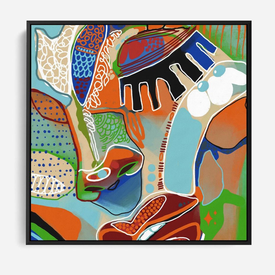 Obraz w ramie 50x50 - Wibracje Kształtów - abstrakcyjny portret kobiety, twarz - rama czarna