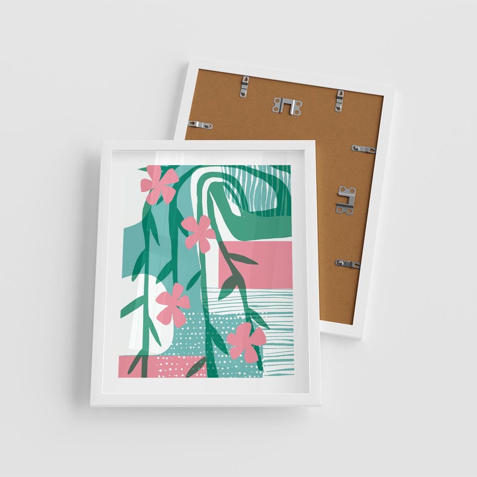 Plakat w ramie 40x50 - Rozkwitające Harmonie Form - abstrakcyjne pastelowe kwiaty, nowoczesna sztuka - rama biała