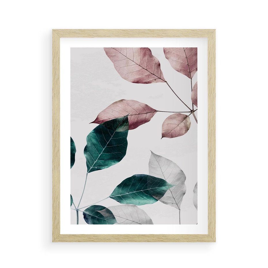 Plakat w ramie 50x70 - Pastelowe Liście w Minimalizmie - pastelowe liście, minimalistyczny obraz - rama drewno