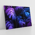 Obraz na płótnie 120x80 - Mroczna Magia Dżungli - mroczna grafika, fioletowe liście monstery na czarnym tle