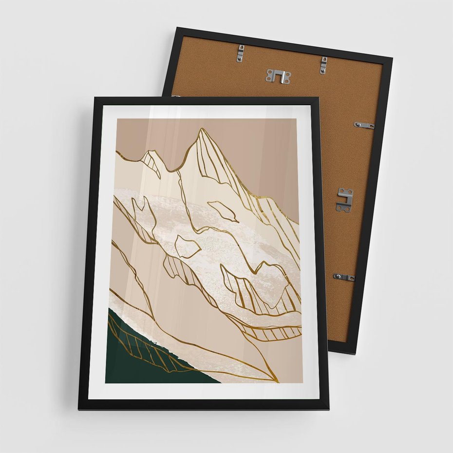 Plakat w ramie 50x70 - Góry w Złocie i Minimalizmie - grafika, złote góry - rama czarna