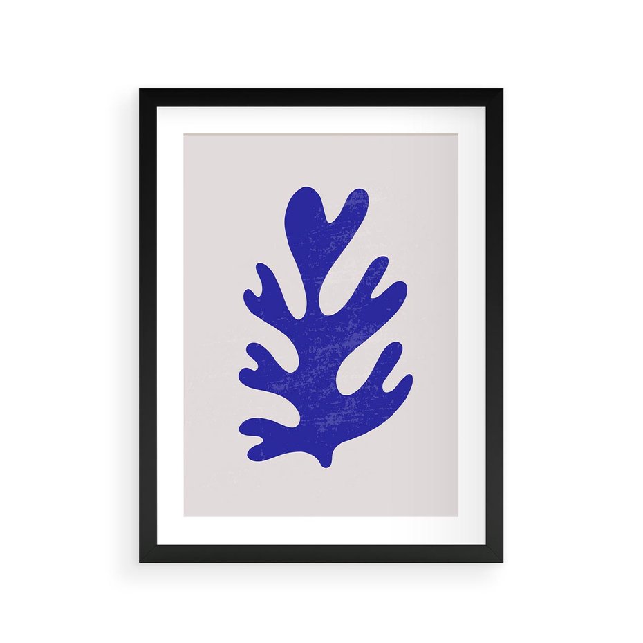 Plakat w ramie 30x40 - Przenikająca Struktura - boho plakat, niebieski liść w intensywnym kolorze - rama czarna