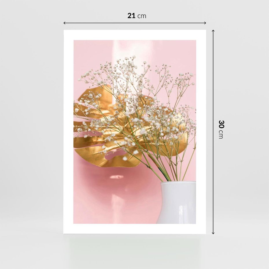 Plakat bez ramy 21x30 - Złoty Akcent - złoty liść montery, gipsówka