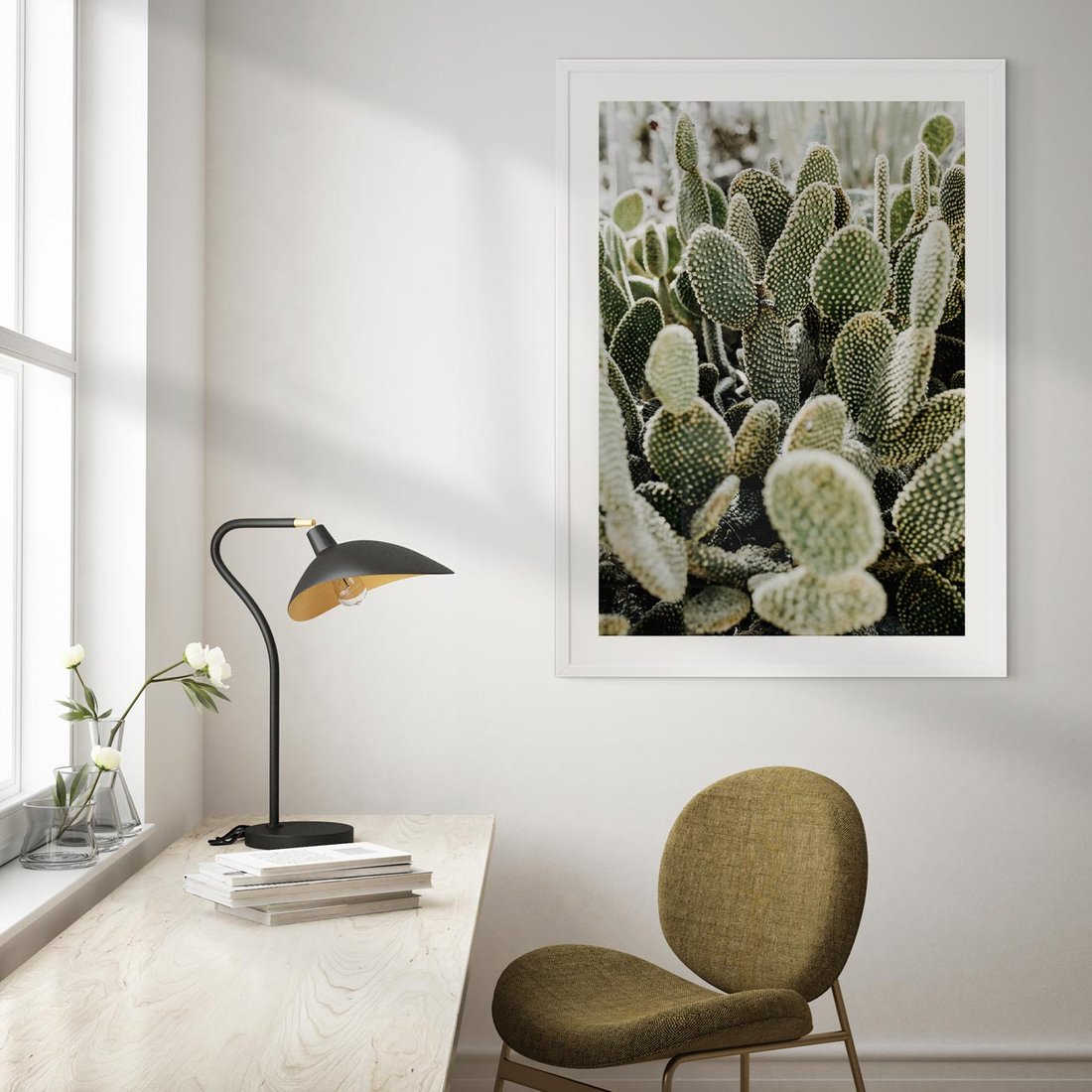 Plakat w ramie 40x50 - Kaktusowa Harmonia - kaktusy, fotografia - rama biała