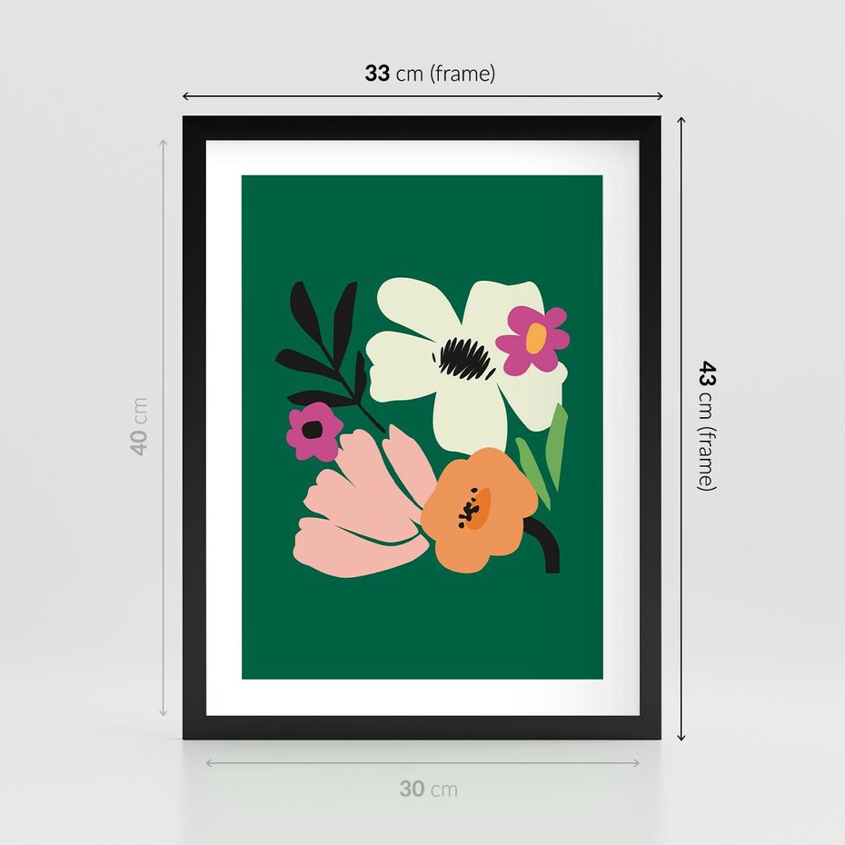 Plakat w ramie 30x40 - Rozbijające Echa - abstrakcyjne kwiaty, zielone tło - rama czarna