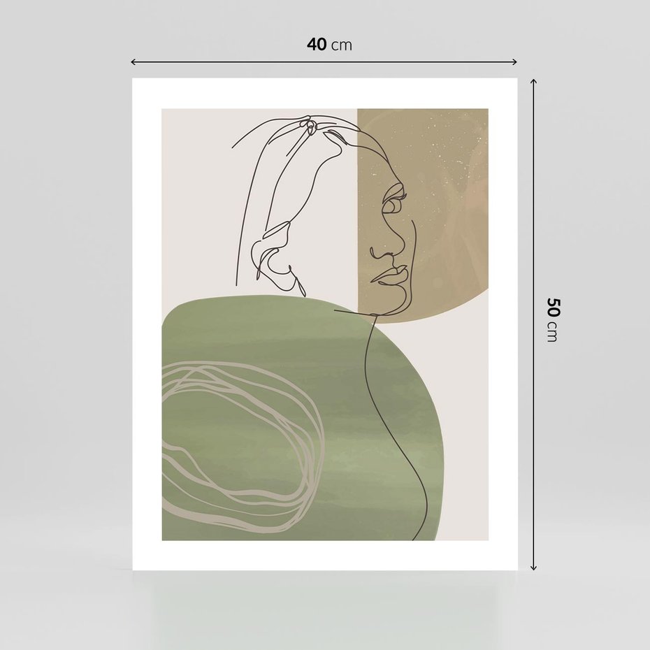 Plakat bez ramy 40x50 - Jedna Linia, Wiele Emocji - akwarelowe plamy, na nich szkic postaci kobiety jedną linią