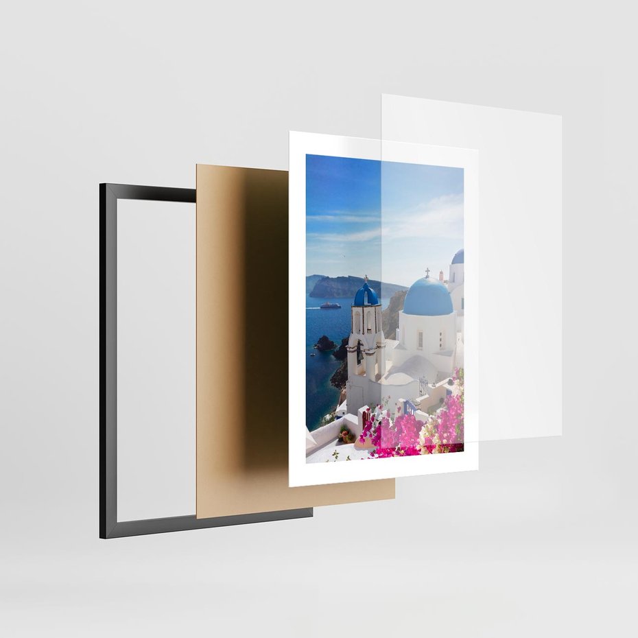 Plakat w ramie 30x40 - Perspektywa na Santorini - Santorini, perspektywa - rama czarna