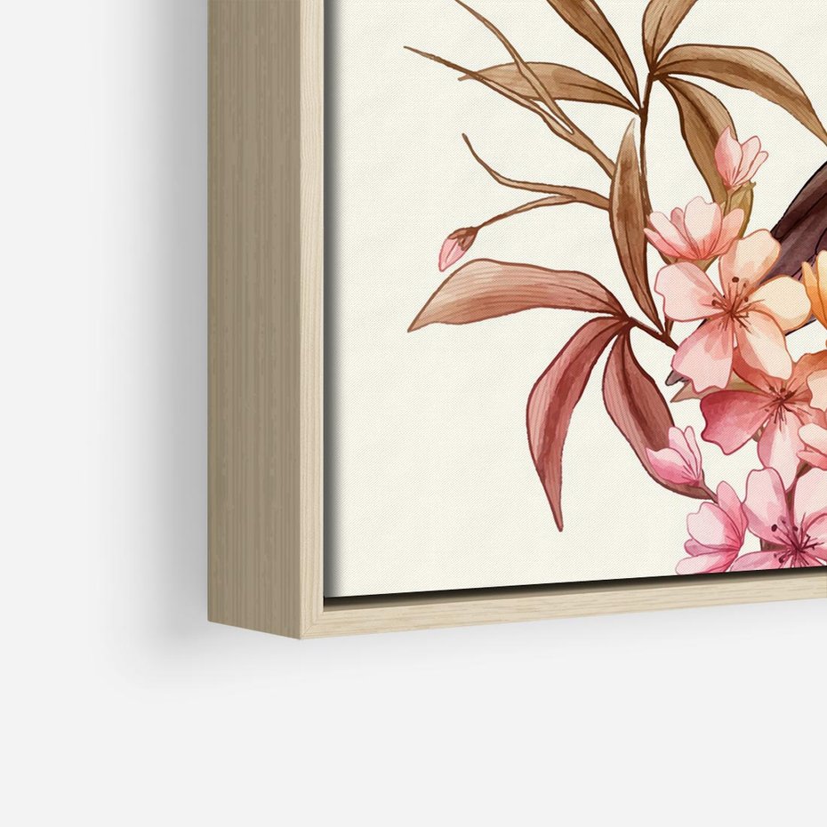 Obraz w ramie 80x80 - Kwiatowe Zanurzenie - japońska sztuka, ptak - rama drewno