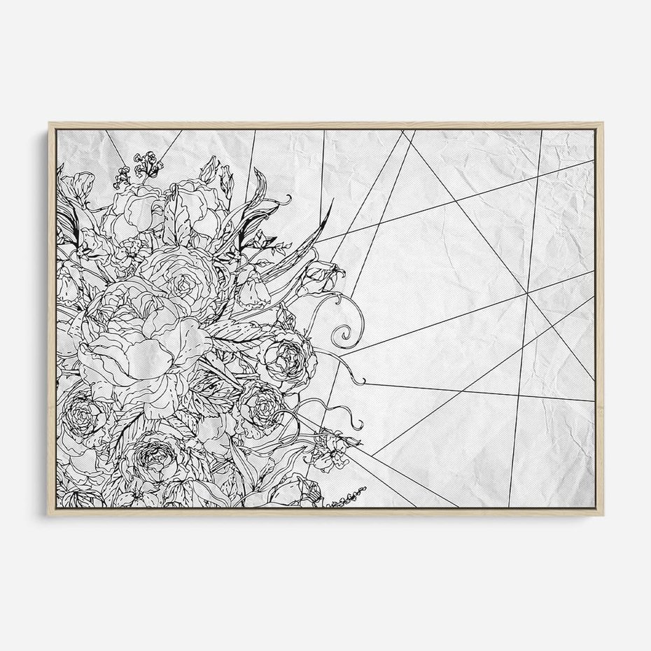 Obraz w ramie 120x80 - Refleksje w martwym punkcie - graficzny szkic, kompozycja kwiatów - rama drewno