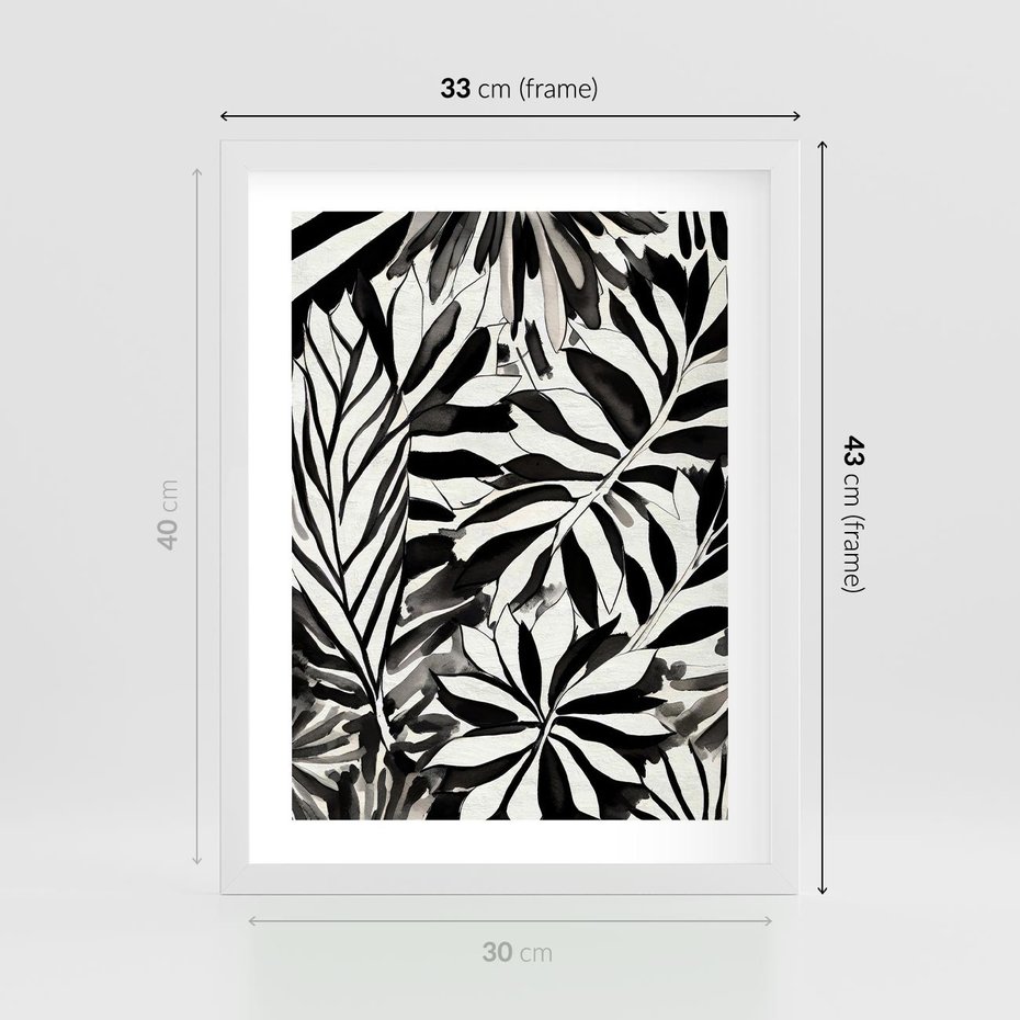 Plakat w ramie 30x40 - Czarne Liście - akwarelowy obraz, czarno biały - rama biała