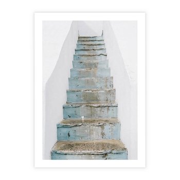 Plakat bez ramy 21x30 - Niebieskie Schody Santorini - stare kamienne schody, niebieskie schody