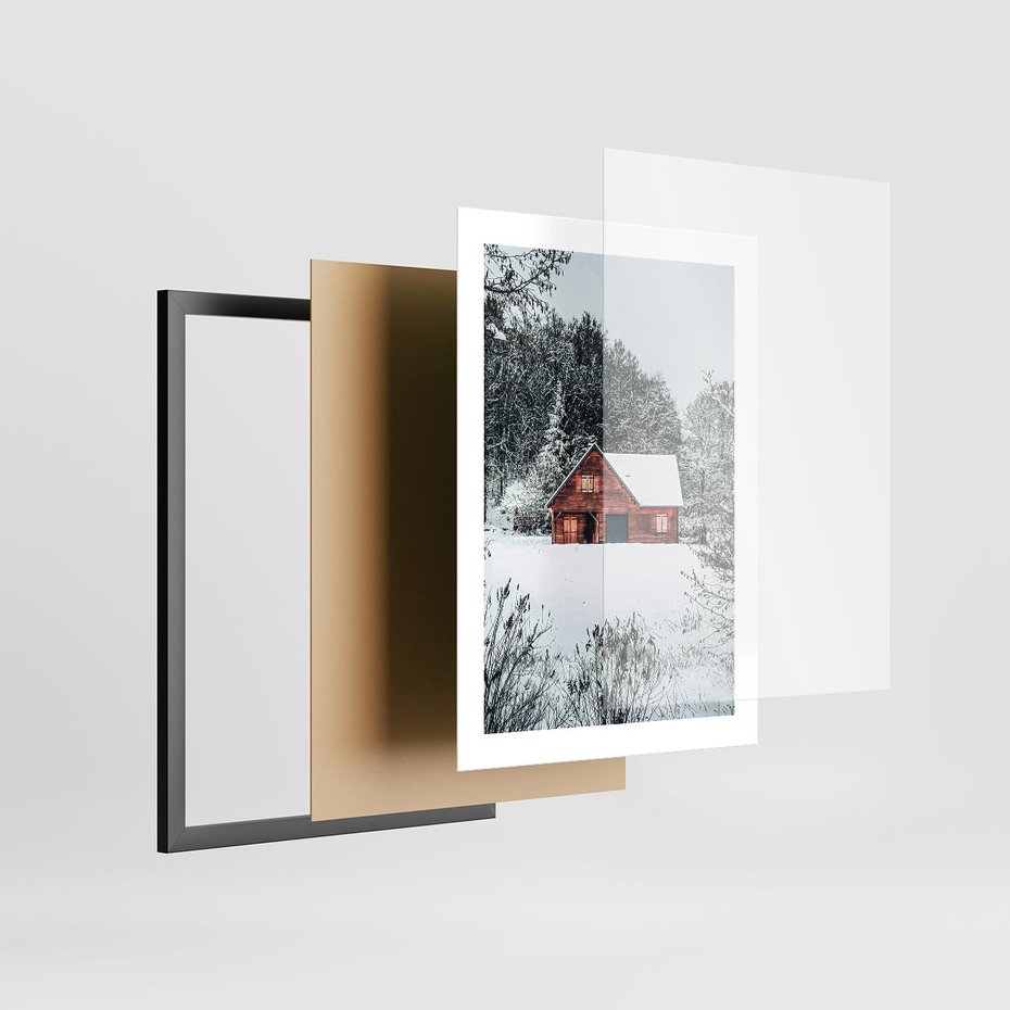 Plakat w ramie 30x40 - Domek w Górach Pokryty Śniegiem - domek w górach, śnieg - rama czarna