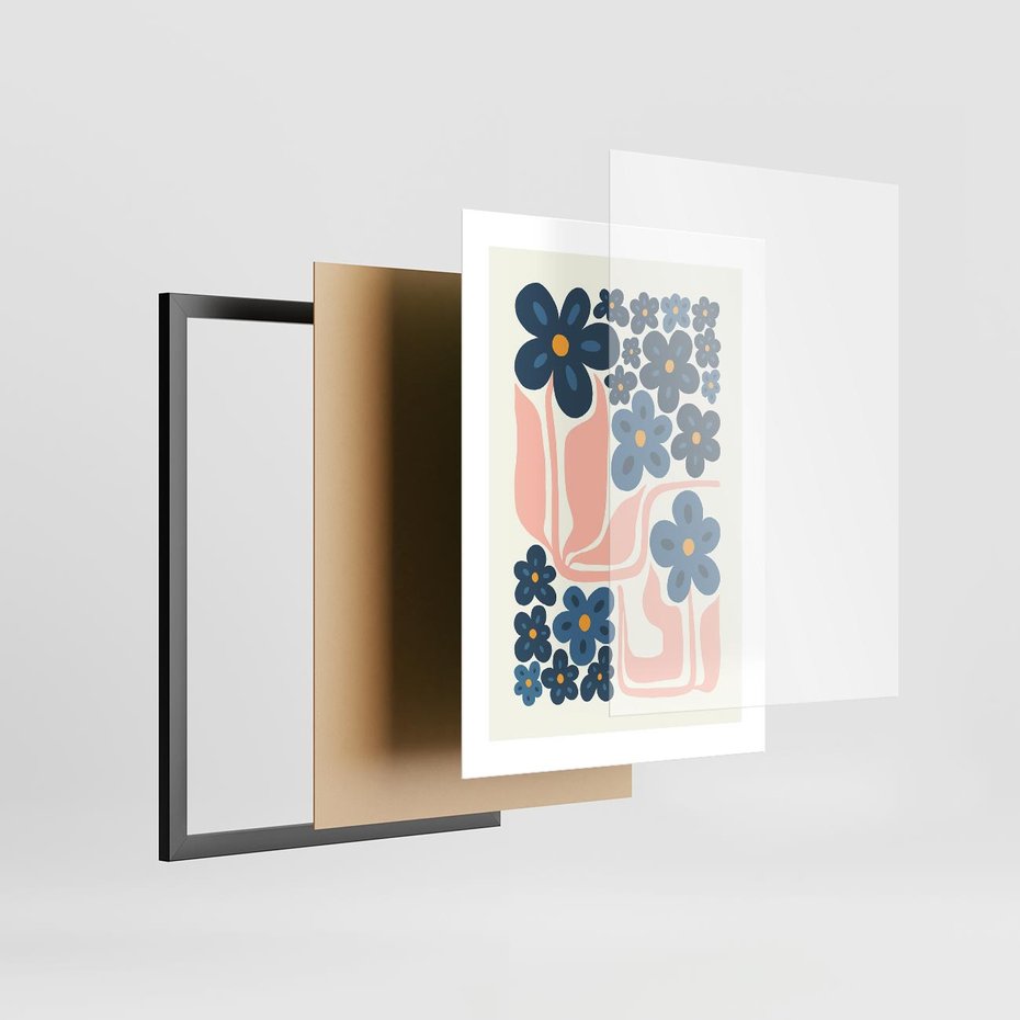 Plakat w ramie 30x40 - Niebieskie Refleksje - niebieskie kwiaty, niezapominajki - rama czarna