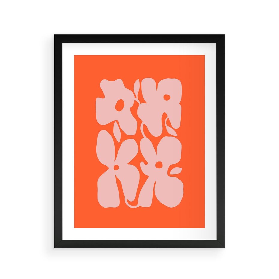 Plakat w ramie 40x50 - Taniec Abstrakcji - kwiaty, energetyczne pomarańczowe tłó - rama czarna