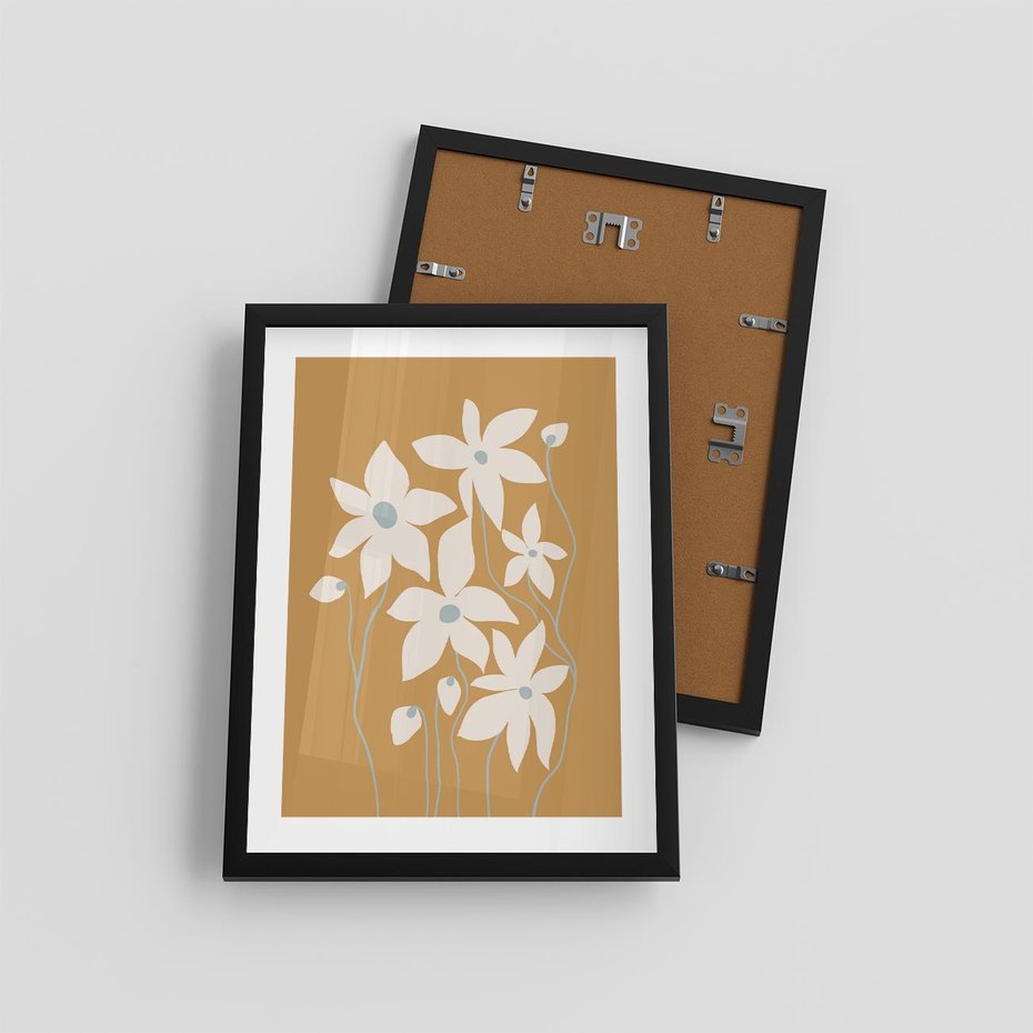 Plakat w ramie 30x40 - Kwiatowy Spektakl - minimalistyczne kwiaty, na pomarańczowym tle - rama czarna