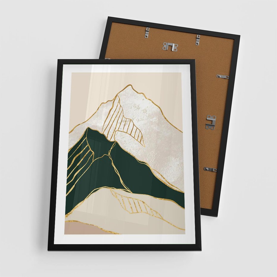 Plakat w ramie 50x70 - Minimalistyczne Góry: Złota Sztuka Natury - minimalistyczna grafika, góry - rama czarna