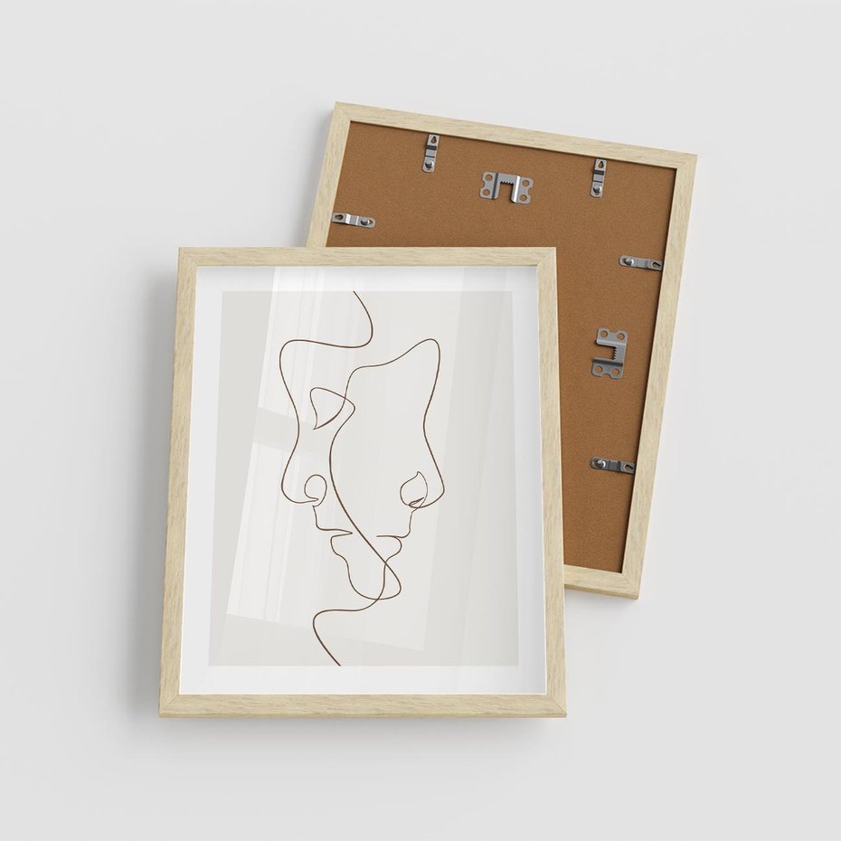 Plakat w ramie 40x50 - Jedna Linia, Dwie Twarze - minimalistyczny plakat, dwie twarze - rama drewno