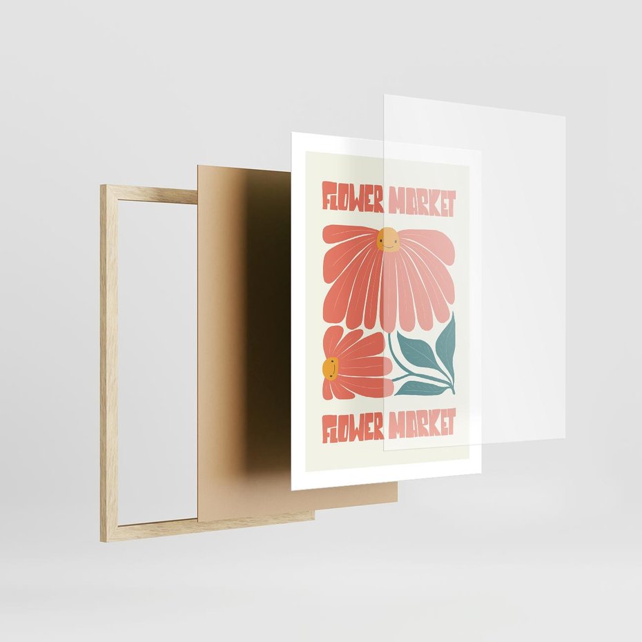 Plakat w ramie 50x70 - Grafika Pełna Radości - wesoła grafika, uśmiechnięte kwiaty - rama drewno