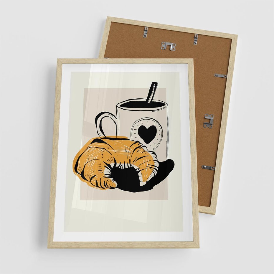 Plakat w ramie 50x70 - Śniadanie z Croissantem - grafika, croisant - rama drewno