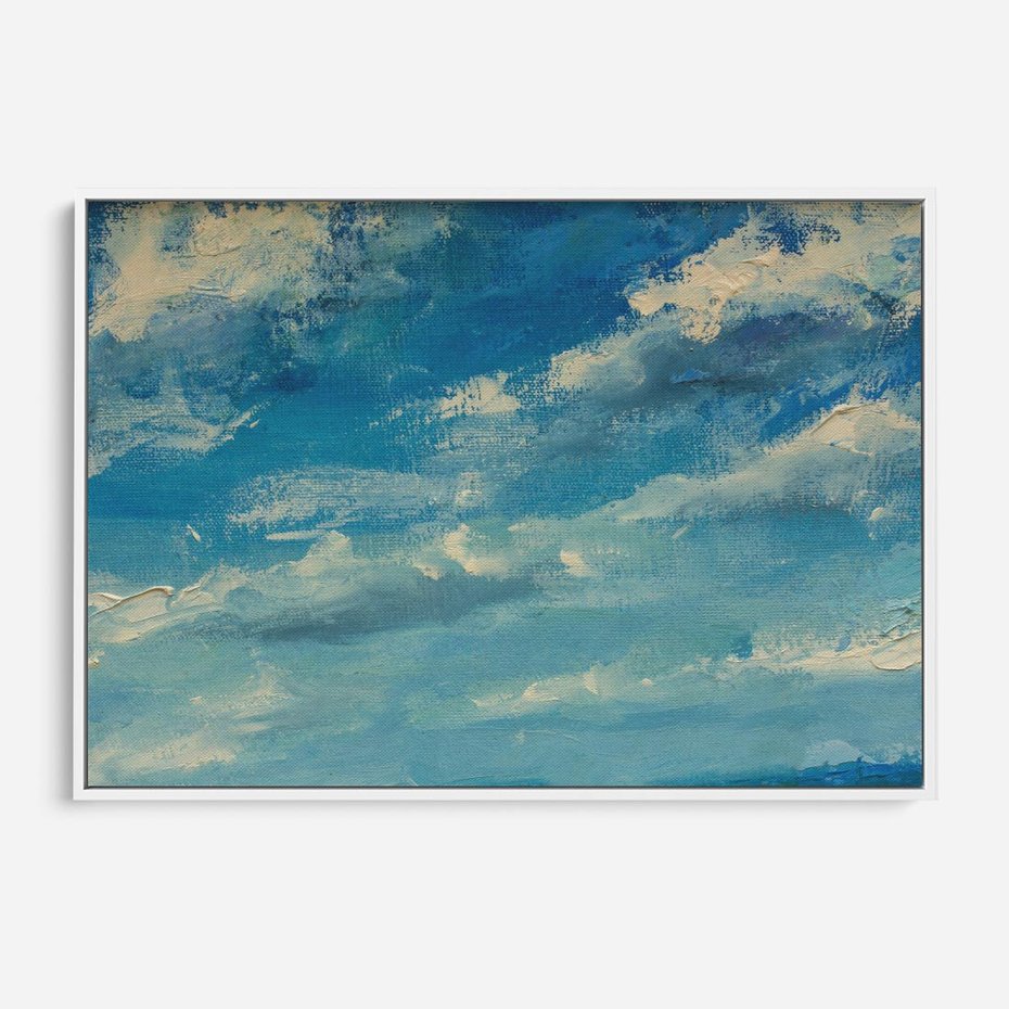 Obraz w ramie 100x70 - Oddechy niebiańskiej materii - olejny obraz, smugi farby przypominają obłoki na błękitnym niebie - rama biała