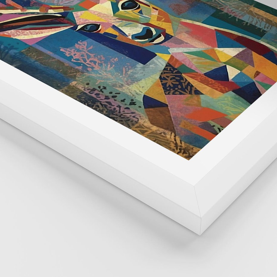 Plakat w ramie 30x40 - Bezgraniczne Kontury Zaskoczenia - abstrakcyjny obraz olejny, jeleń - rama biała