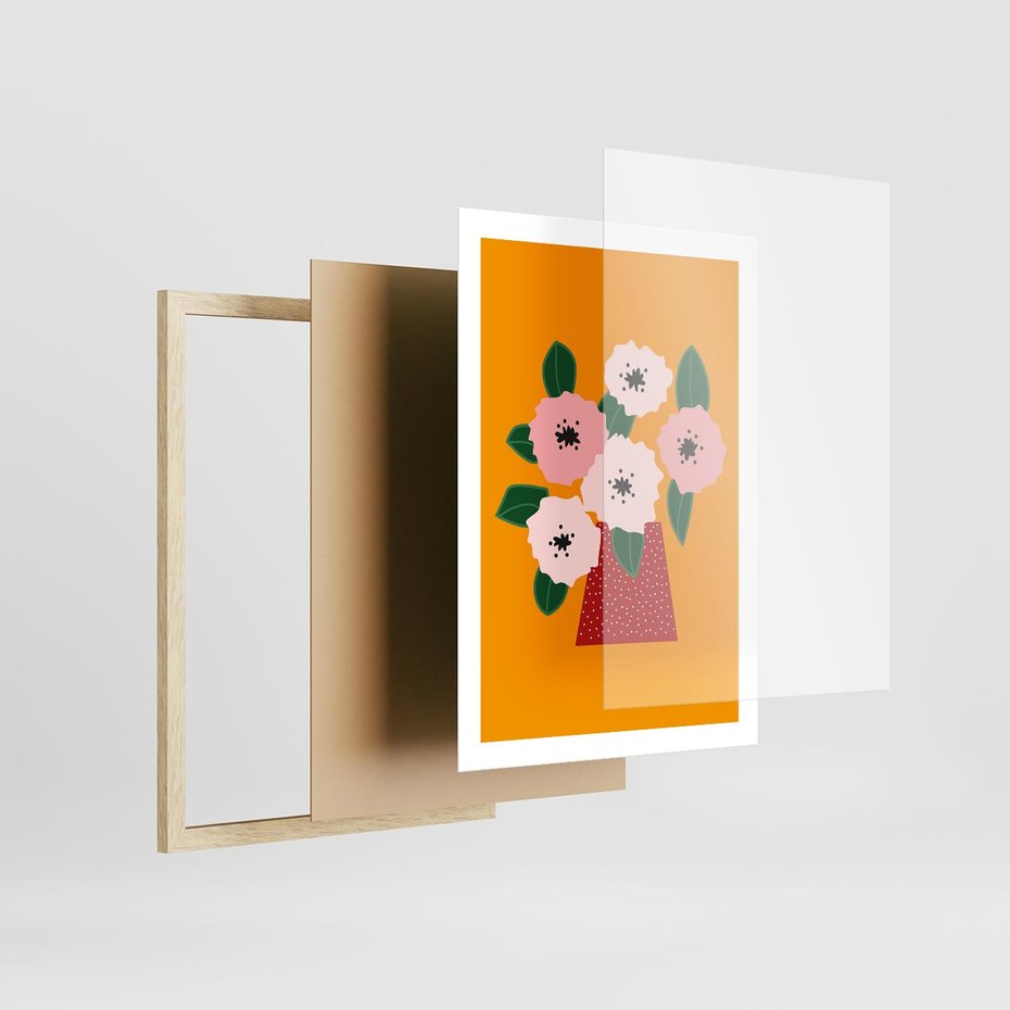 Plakat w ramie 50x70 - Harmonijne Granice - abstrakcyjne kwiaty, żółte tło - rama drewno
