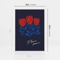 Obraz w ramie 80x120 - Podróżne Barwy - czerwone abstrakcyjne kwiaty, granatowe tło - rama biała