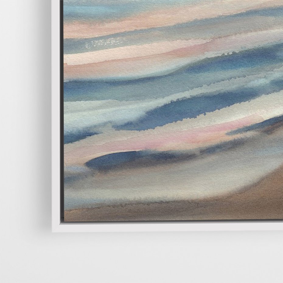 Obraz w ramie 70x100 - Witraże roziskrzonych myśli - akwarela, zamglony wschód słońca - rama biała