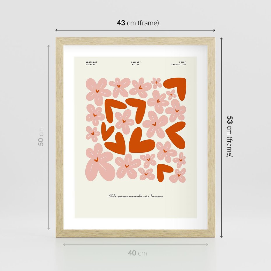 Plakat w ramie 40x50 - Miłość w Kompozycji - grafika, kompozycja kwiaty i serca - rama drewno