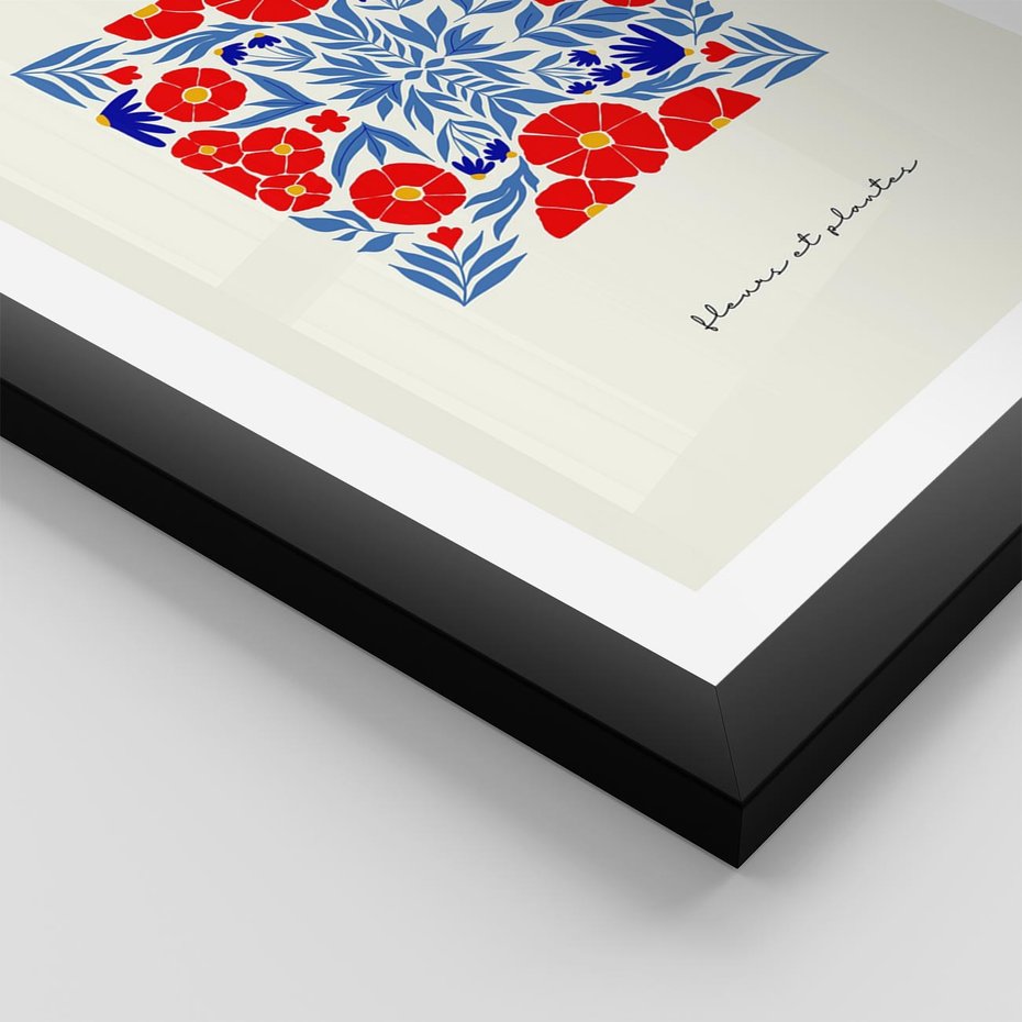 Plakat w ramie 40x50 - Tajemnicza Droga - nowoczesna kwiatowa kompozycja, czerwony i niebieski - rama czarna