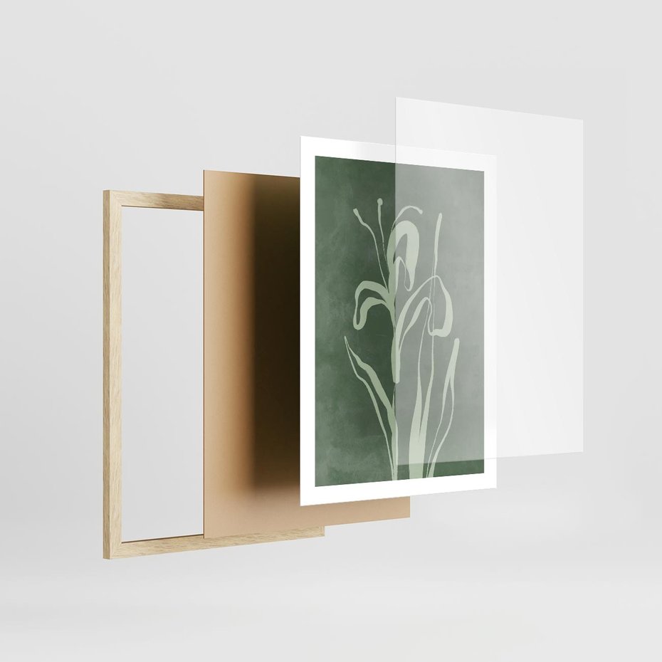 Plakat w ramie 50x70 - Zielony Oddech - zielona abstrakcja, zgaszona zieleń - rama drewno