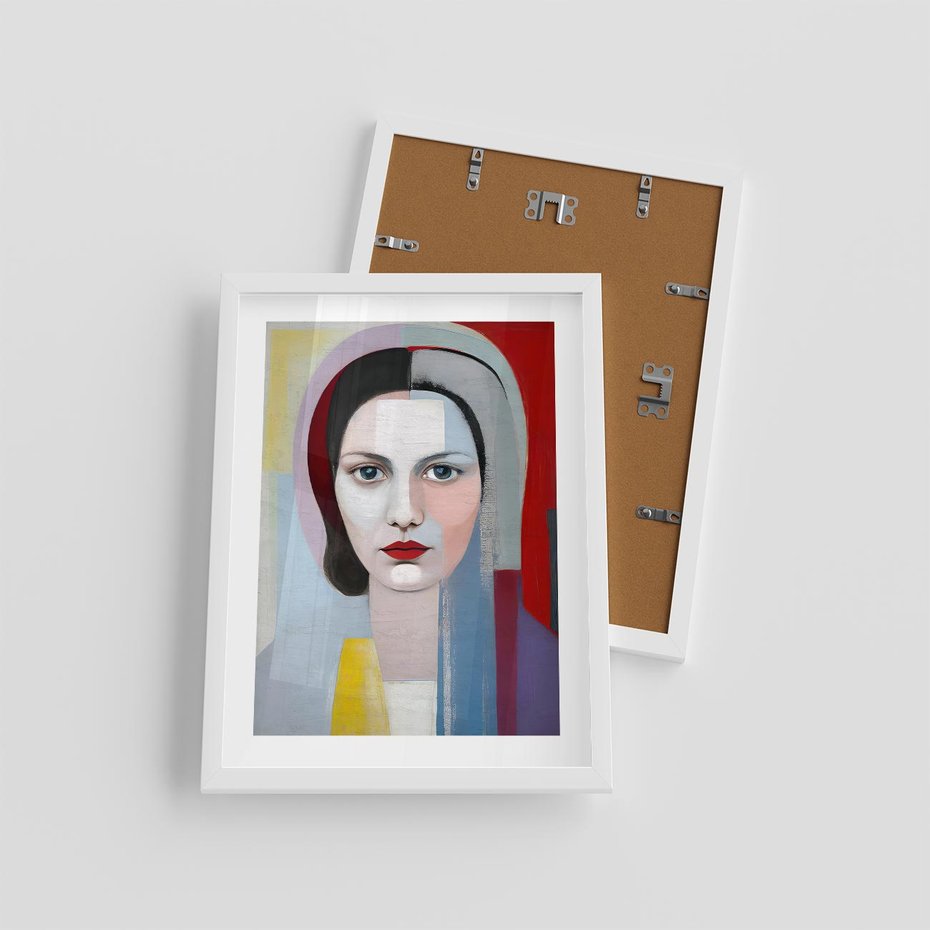 Plakat w ramie 30x40 - Kolorowe Granice Form - abstrakcyjny obraz olejny, portret twarzy kobiety - rama biała