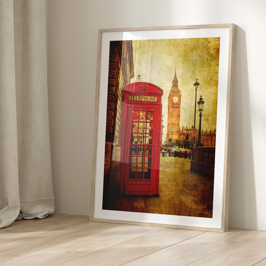 Plakat w ramie 50x70 - Ikoniczna budka telefoniczna w Londynie - sepia, budka - rama drewno