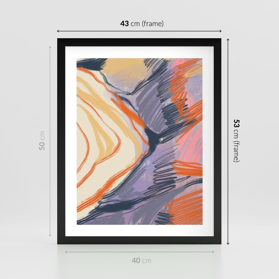 Plakat w ramie 40x50 - Pokreślony Świat - abstrakcyjne formy, odcienie pomarańczu i fioletu - rama czarna