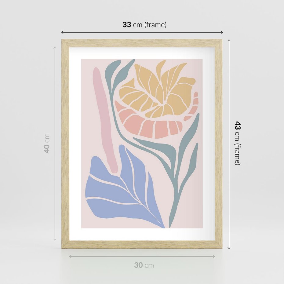 Plakat w ramie 30x40 - Kwiatowe Granice Kształtów - nowoczesny plakat, kwiaty w pastelowych kolorach - rama drewno