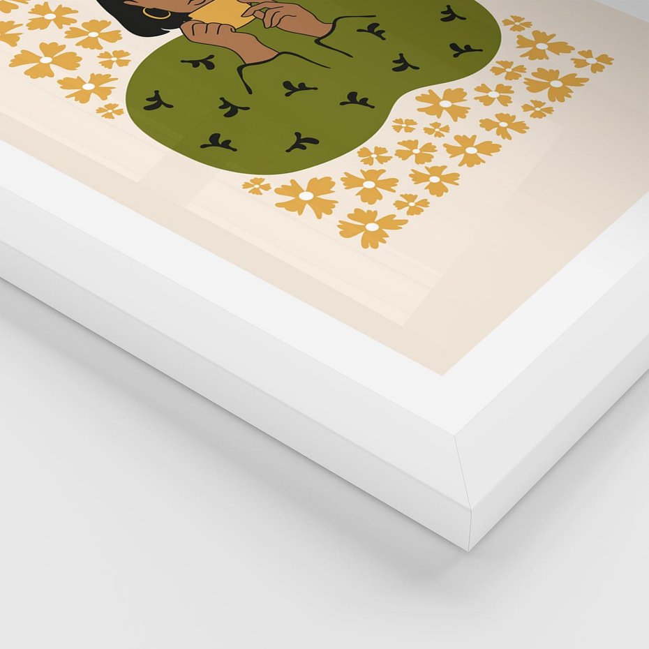 Plakat w ramie 30x40 - Wewnętrzne Fale - nowoczesny plakat, kobieta otoczona liśćmi - rama biała